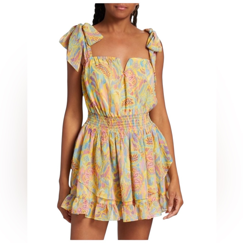 Ramy Brook Frankie Paisley Mini Dress Medium Smocked Tie Shoulder Ruffle